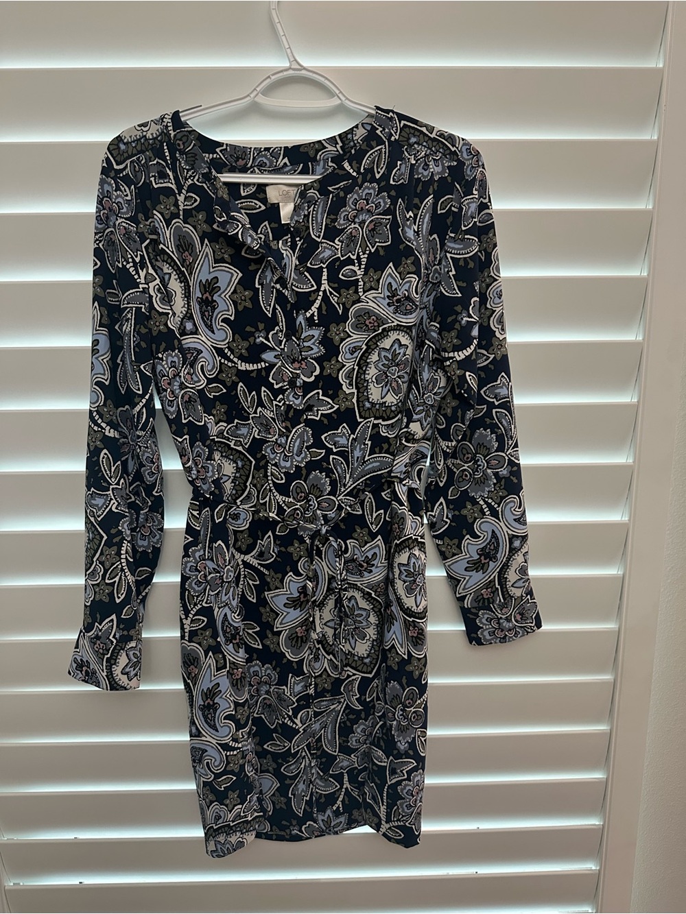 LOFT Black & Light Blue Paisley Tie-Waist Long-Sleeve Dress